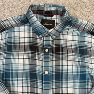 Marmot Button Front Flannel Shirt L Blue‎ Plaid Outdoor Hiking Casual Classic